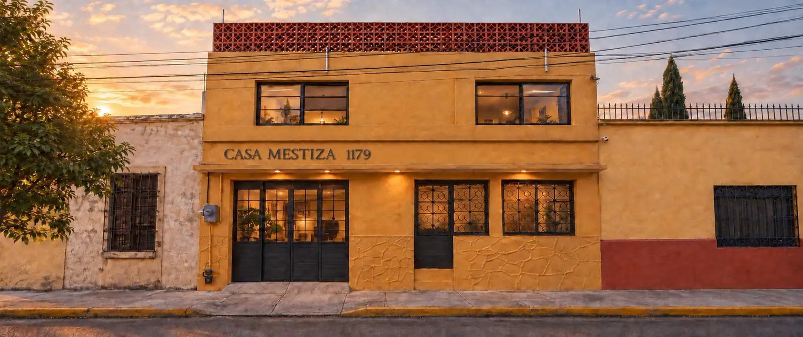 Front view of Casa Mestiza at sunset, generated from reference photos